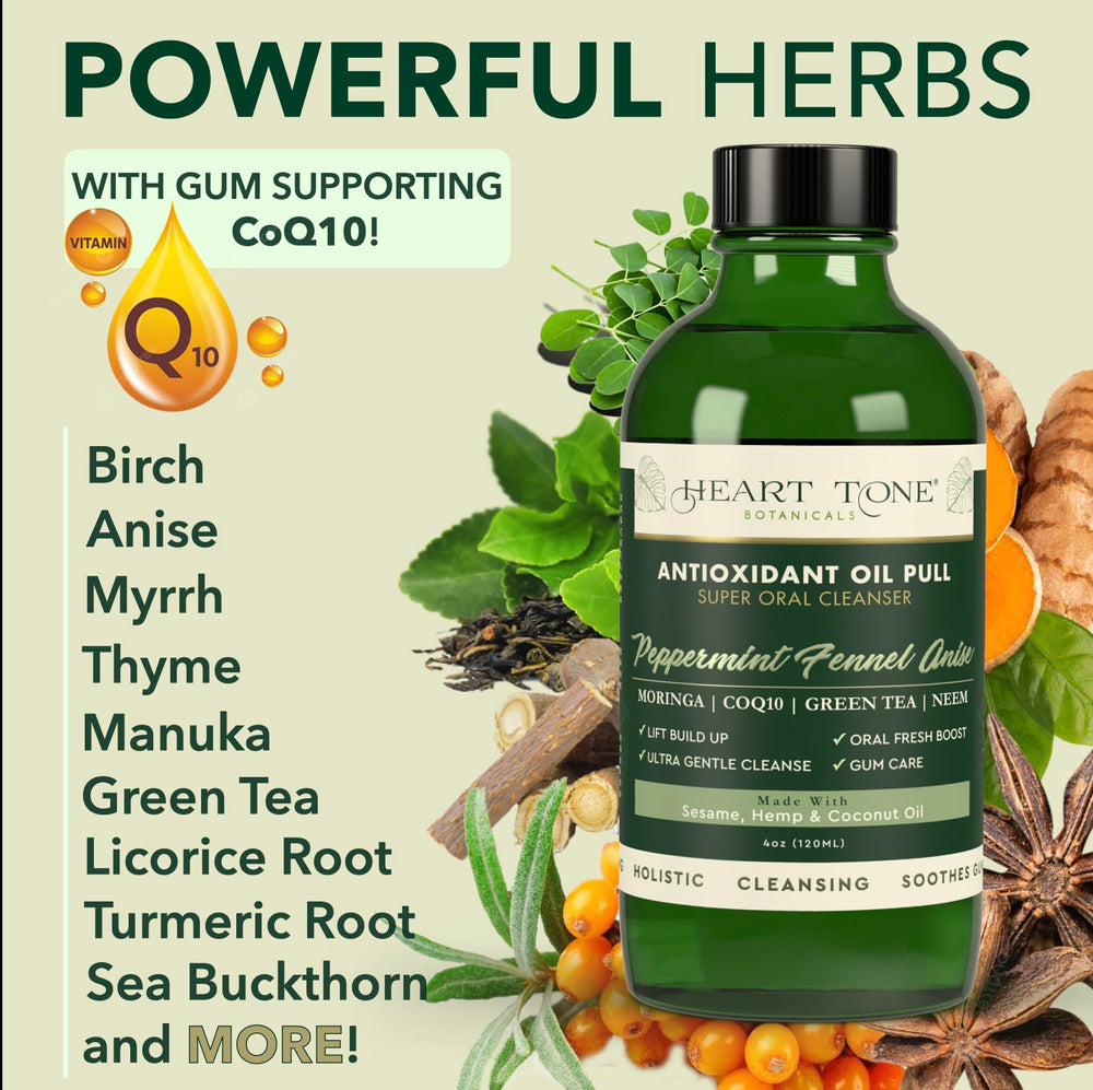 Heart Tone Botanicals CoQ10 vitamins bottle highlights nourishing gum tissue and teeth maintenance.