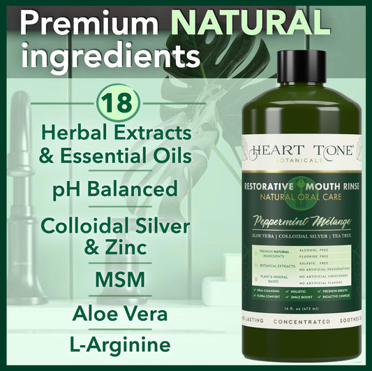 Heart Tone Botanicals Nano Silver Mouthwash pour showing easy, daily use.