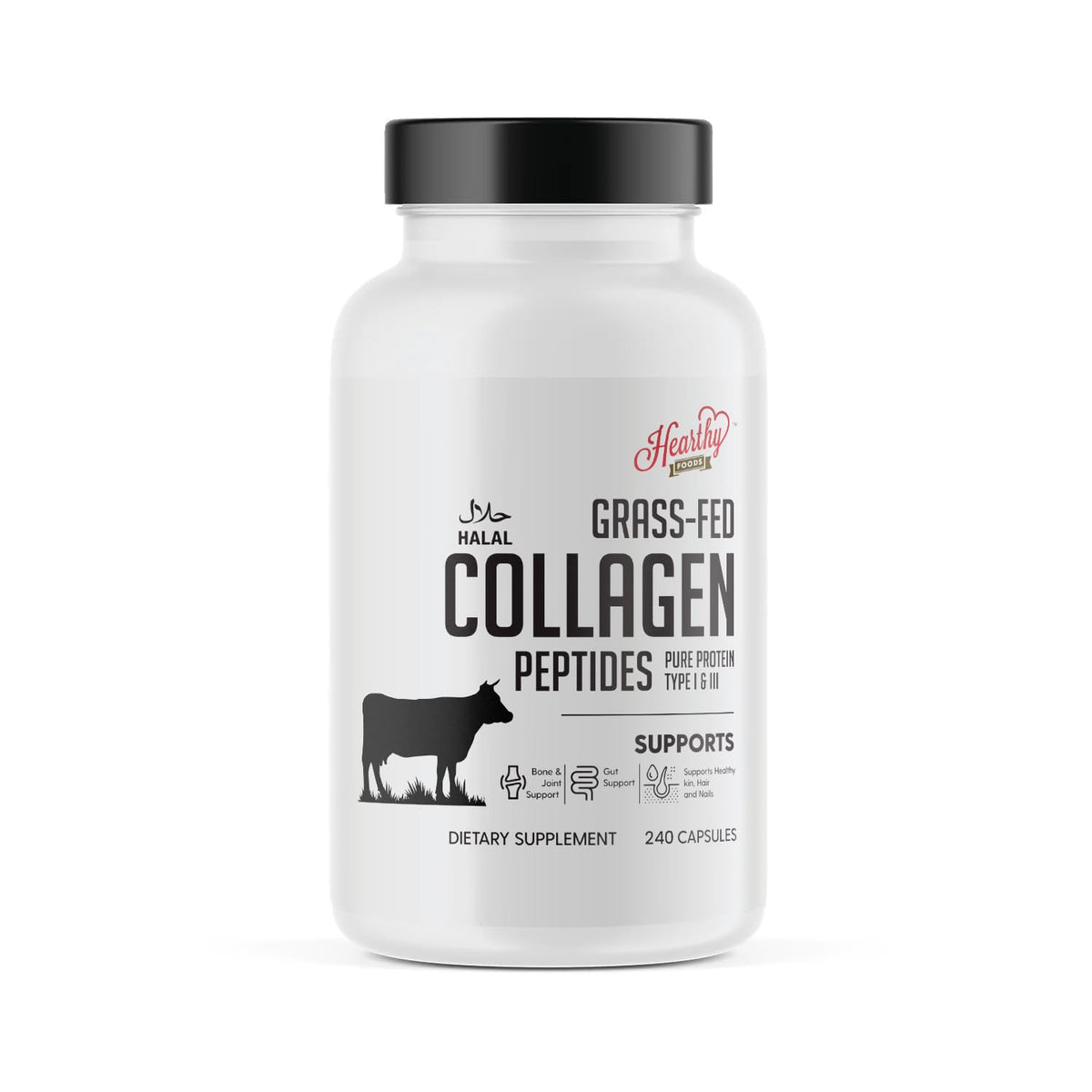 HEARTHY FOODS collagen pills bottle on shelf showing convenient daily use.