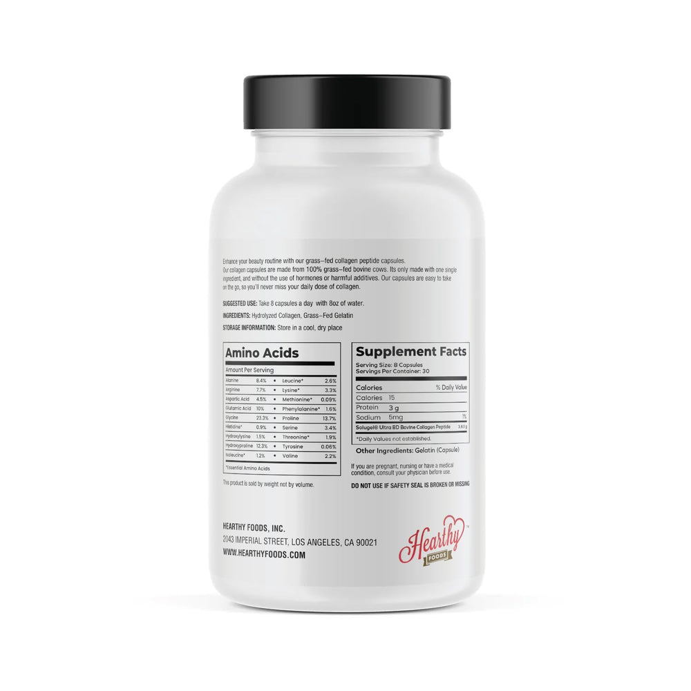 HEARTHY FOODS collagen pills packaging highlights purity and halal, kosher certifications.