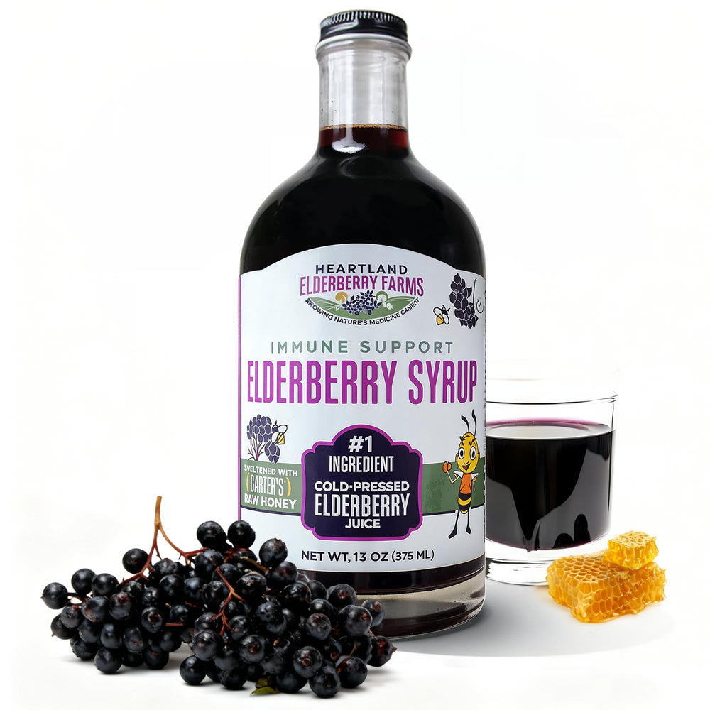 Heartland Organic Elderberry Syrup bottle front view showing product packaging and label.