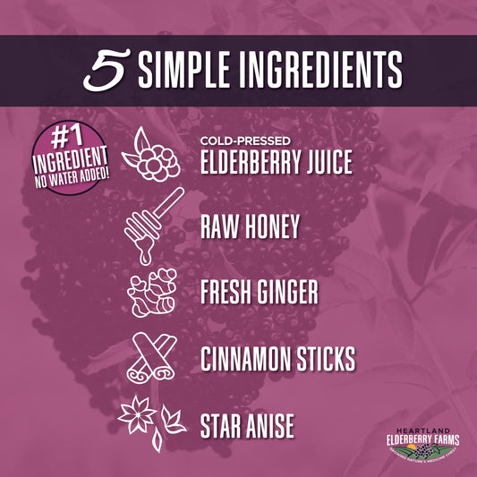 Heartland Organic Elderberry Syrup ingredients closeup with elderberry components.
