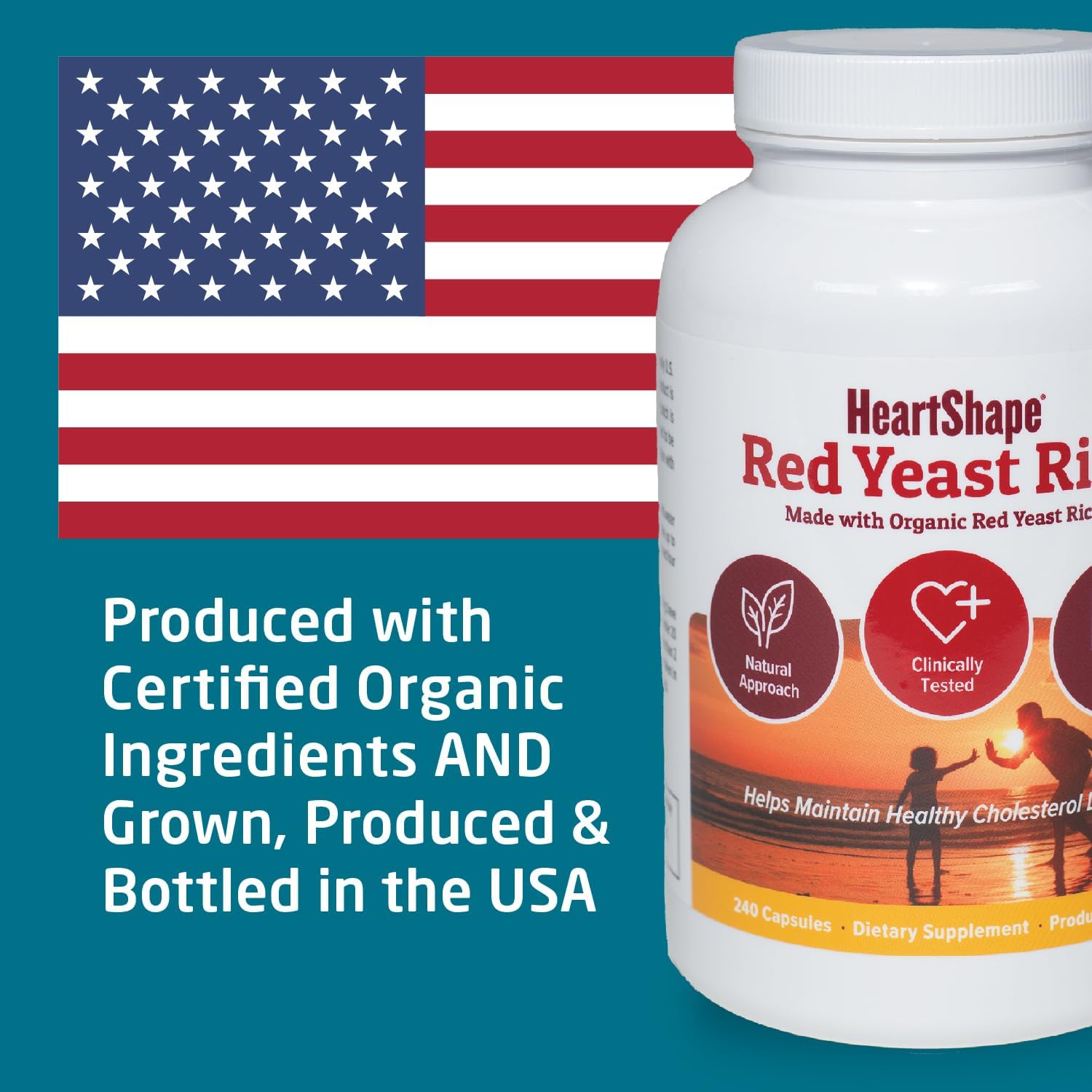 HeartShape red yeast rice consumer info image highlights 100% US-grown production.