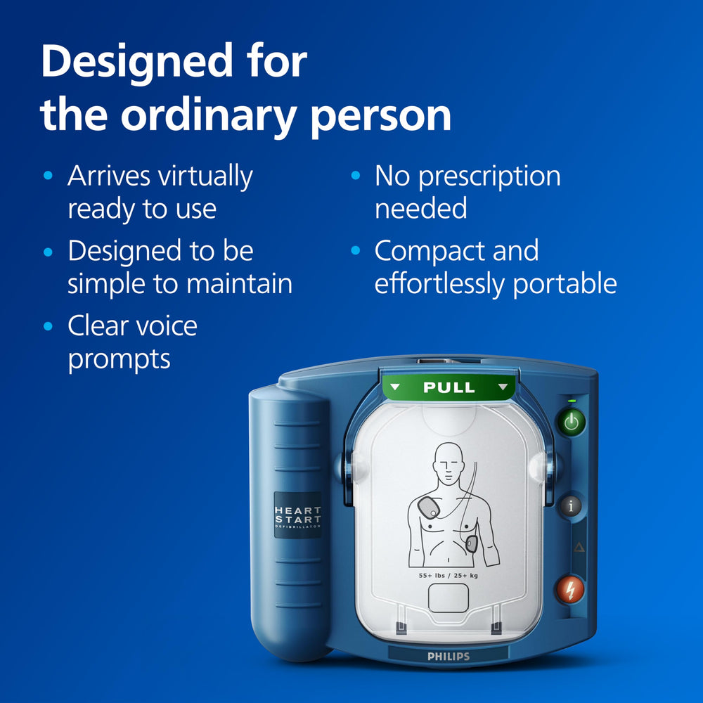 HeartStart CPR guidance with real-time voice prompts helps bystanders stay calm.