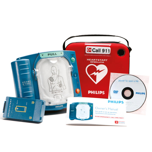 HeartStart Home AED defibrillator with slim carry case ready for quick at-home use.