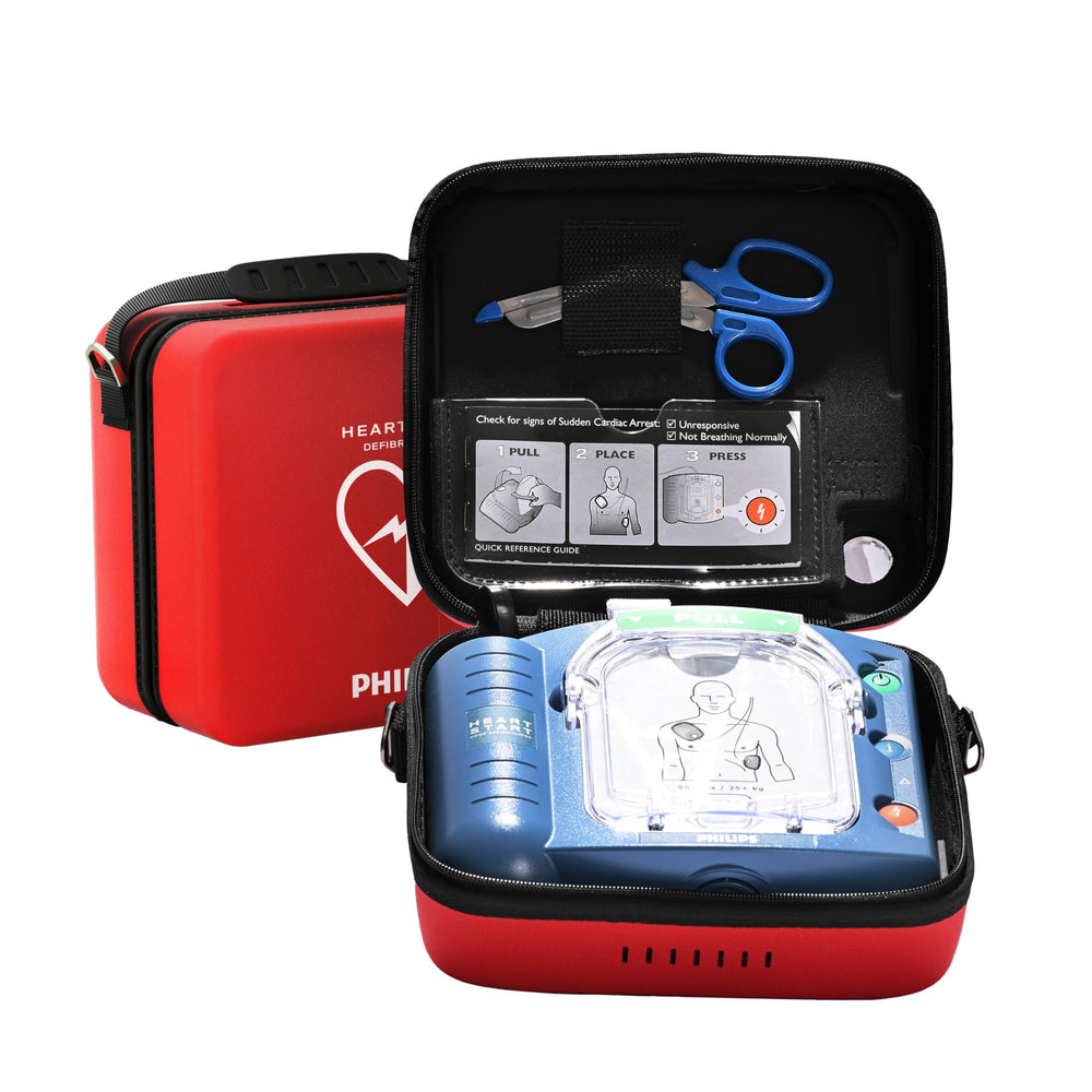 HeartStart OnSite AED defibrillator in case ready for public spaces and quick access