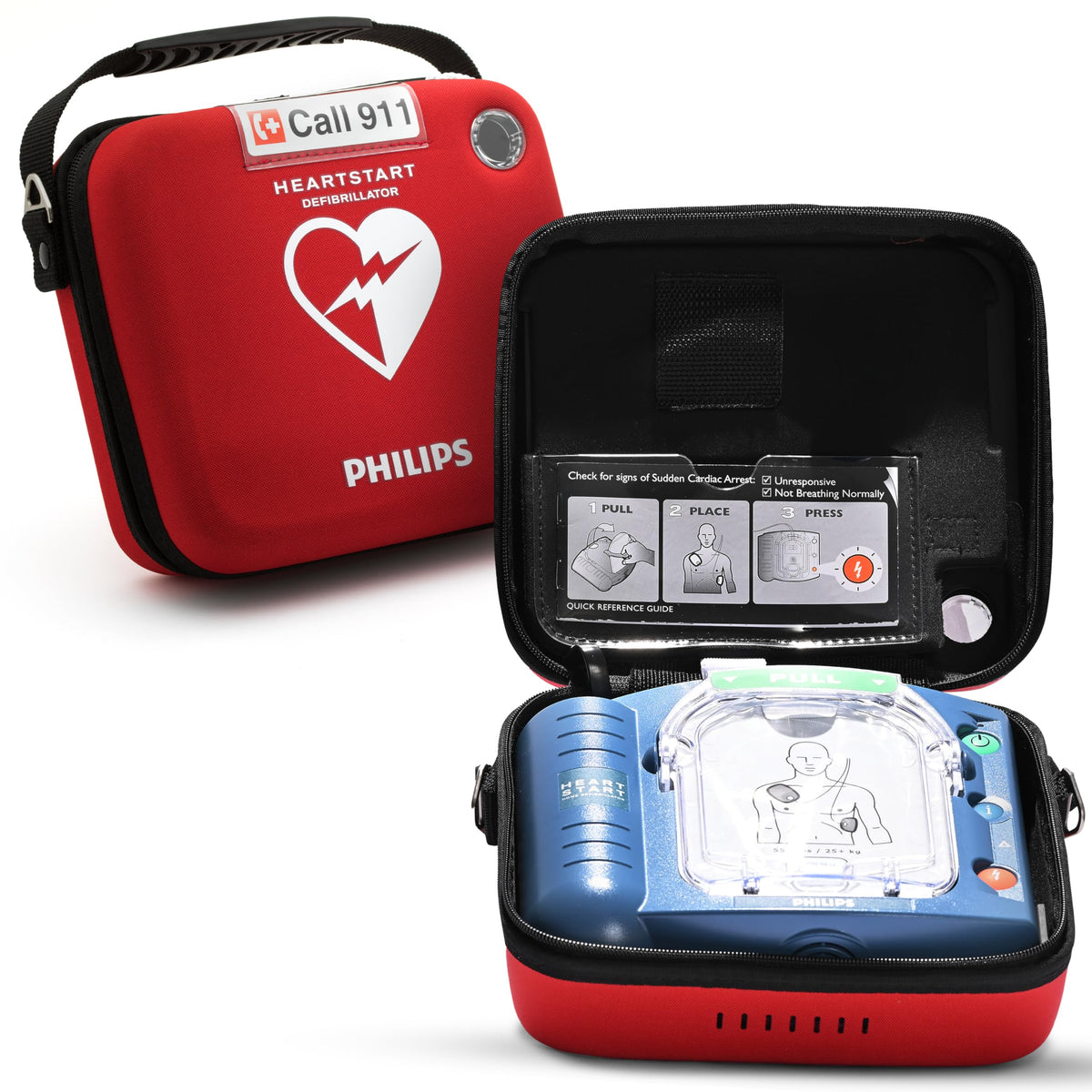 HeartStart OnSite AED defibrillator ready for rapid emergency response.