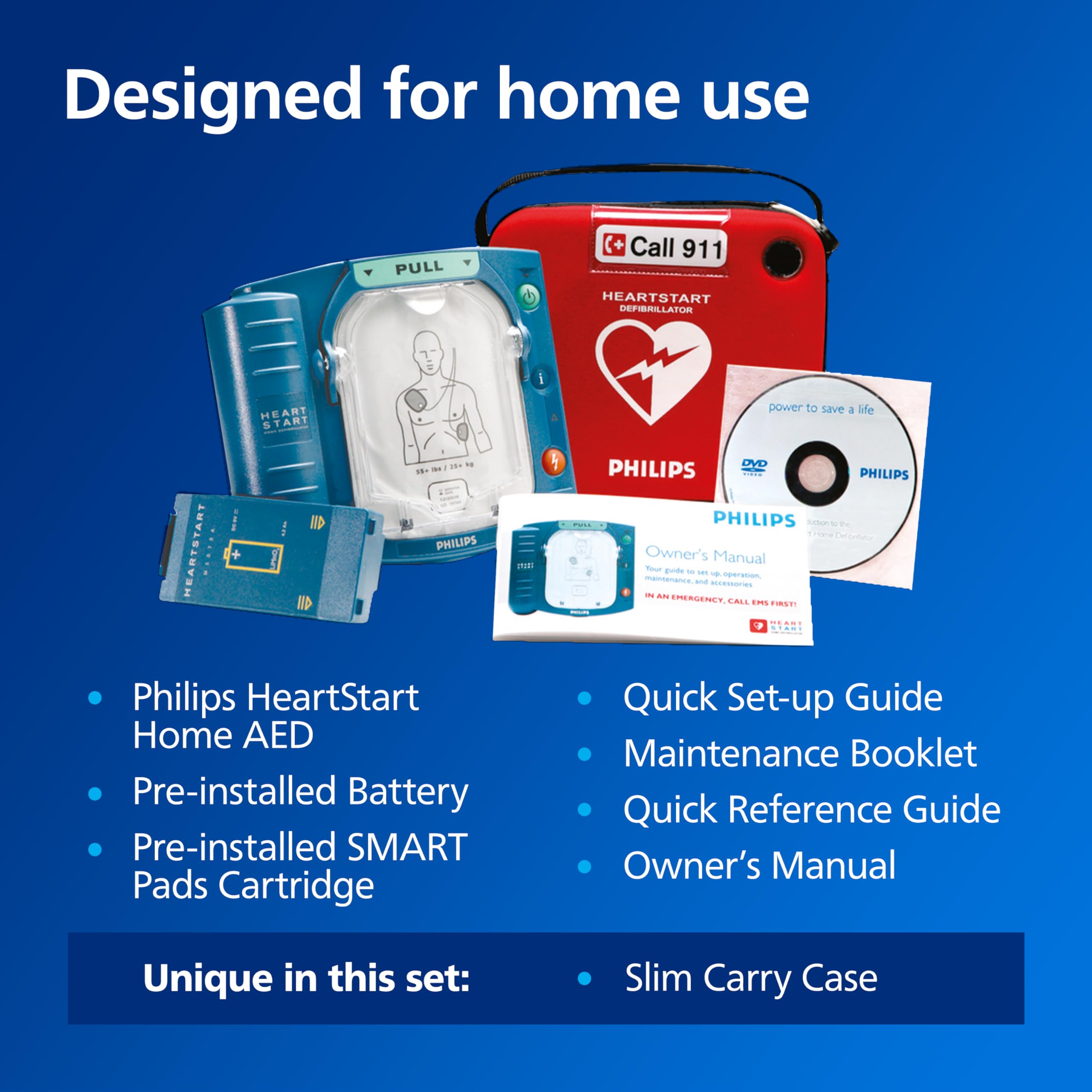 HeartStart slim carry case keeps the device portable and accessible in an emergency.