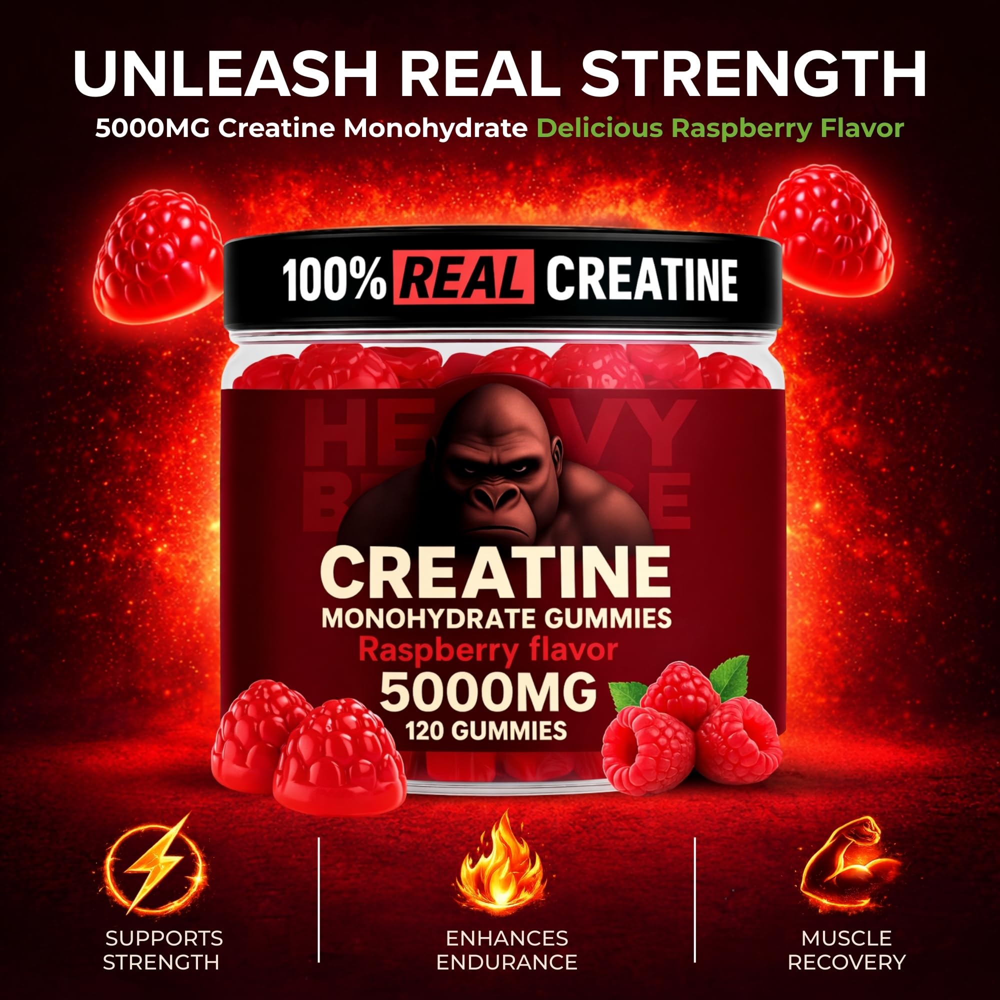 Heavy Balance Creatine Gummies bottle layout emphasizing convenient pre-workout chewables.