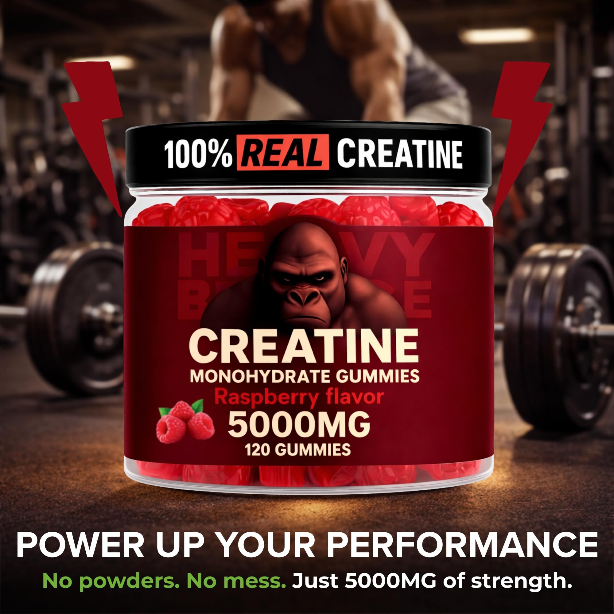 Heavy Balance gummies dispensing view highlighting chewable convenience during workouts.