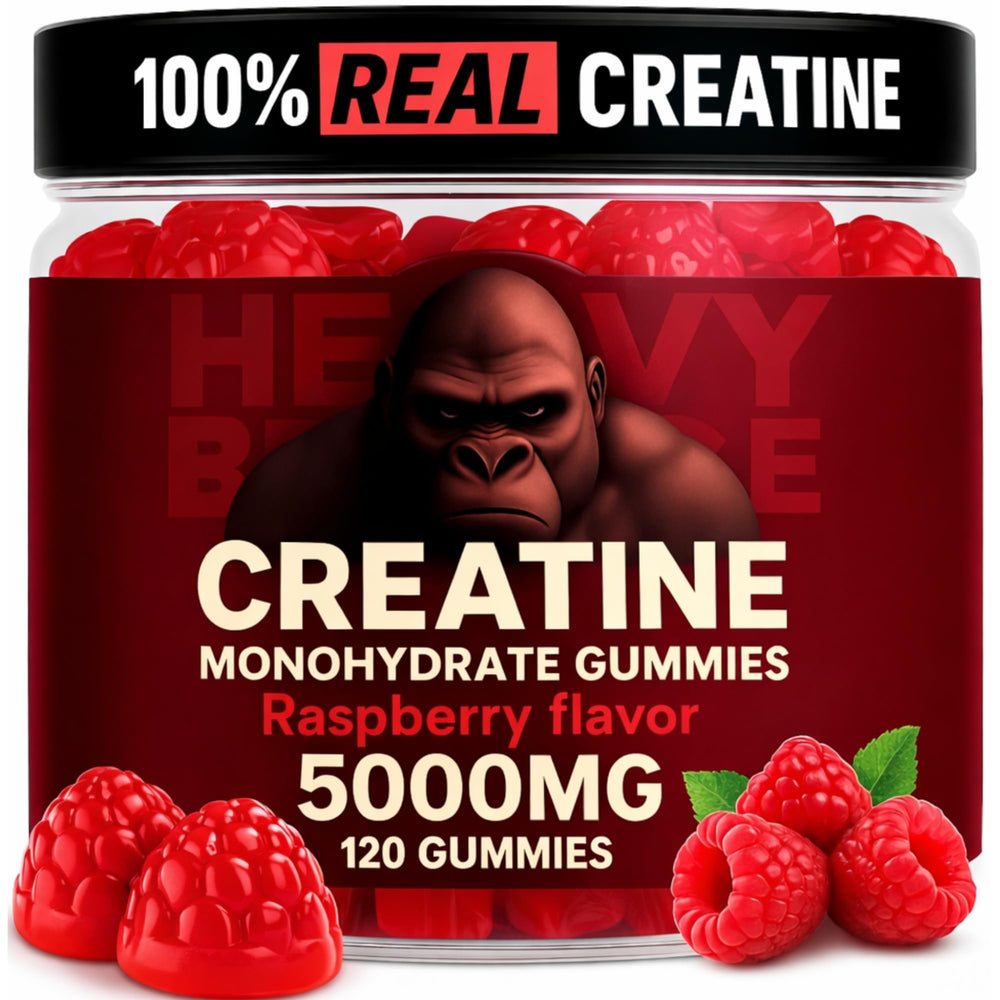 Heavy Balance Creatine Gummies label showcasing 5000mg serving for strength.