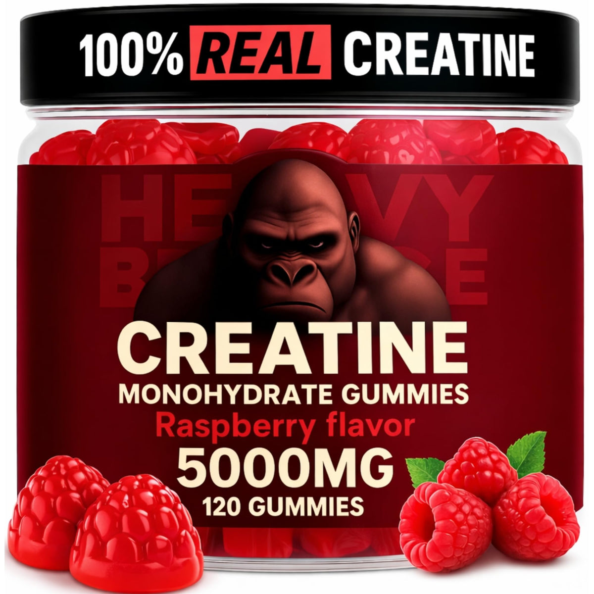Heavy Balance Creatine Gummies label showcasing 5000mg serving for strength.
