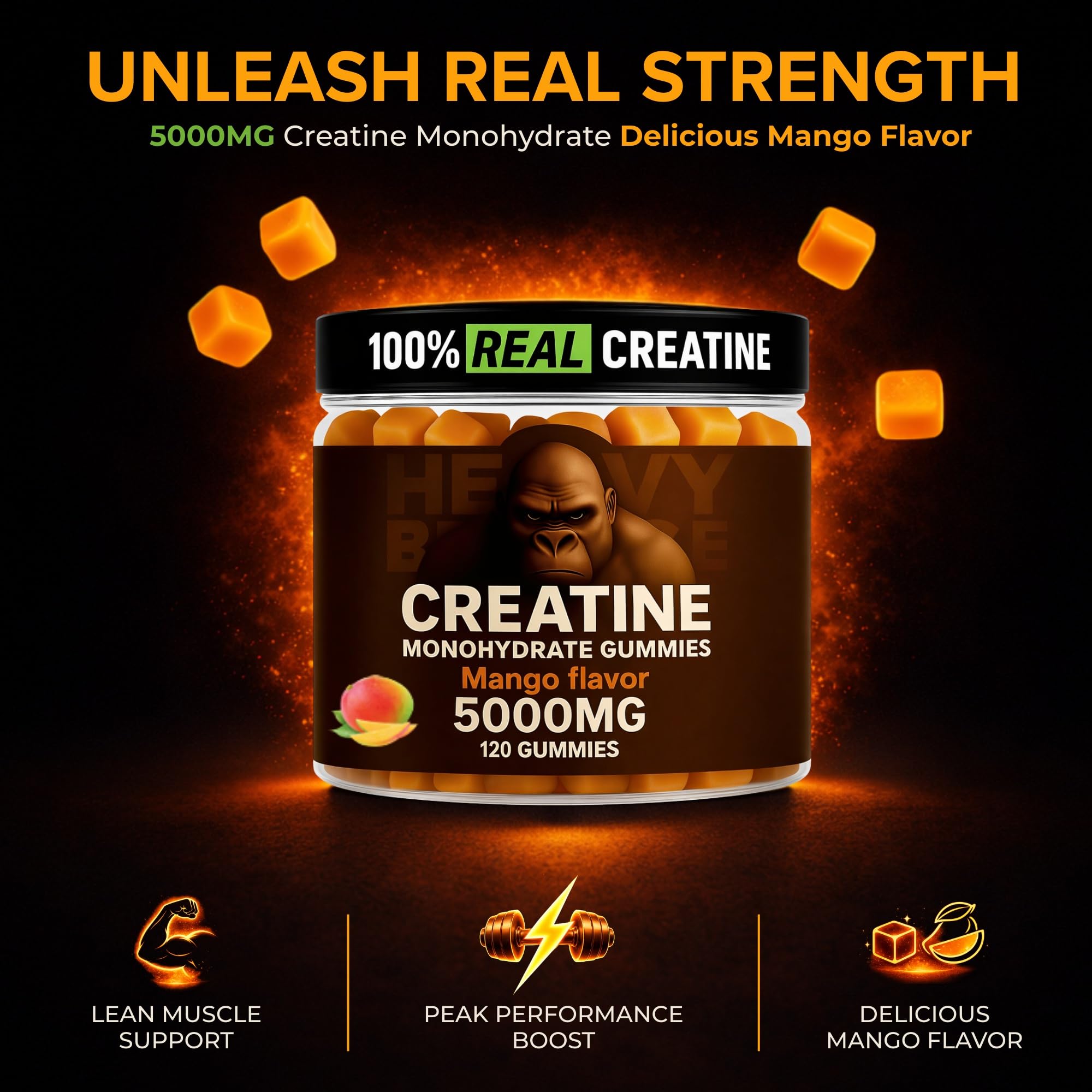 Heavy Balance Creatine Gummies serving size demonstrates daily intake for workouts.