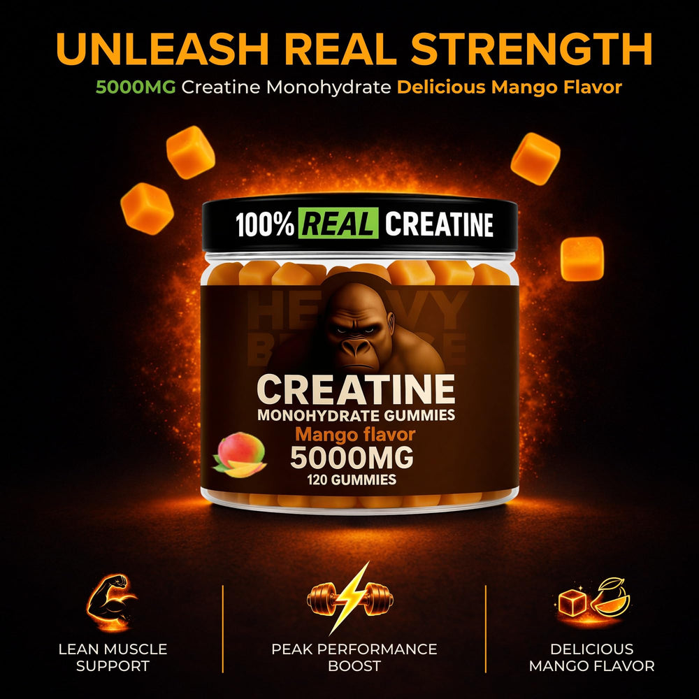 Heavy Balance Creatine Gummies serving size demonstrates daily intake for workouts.