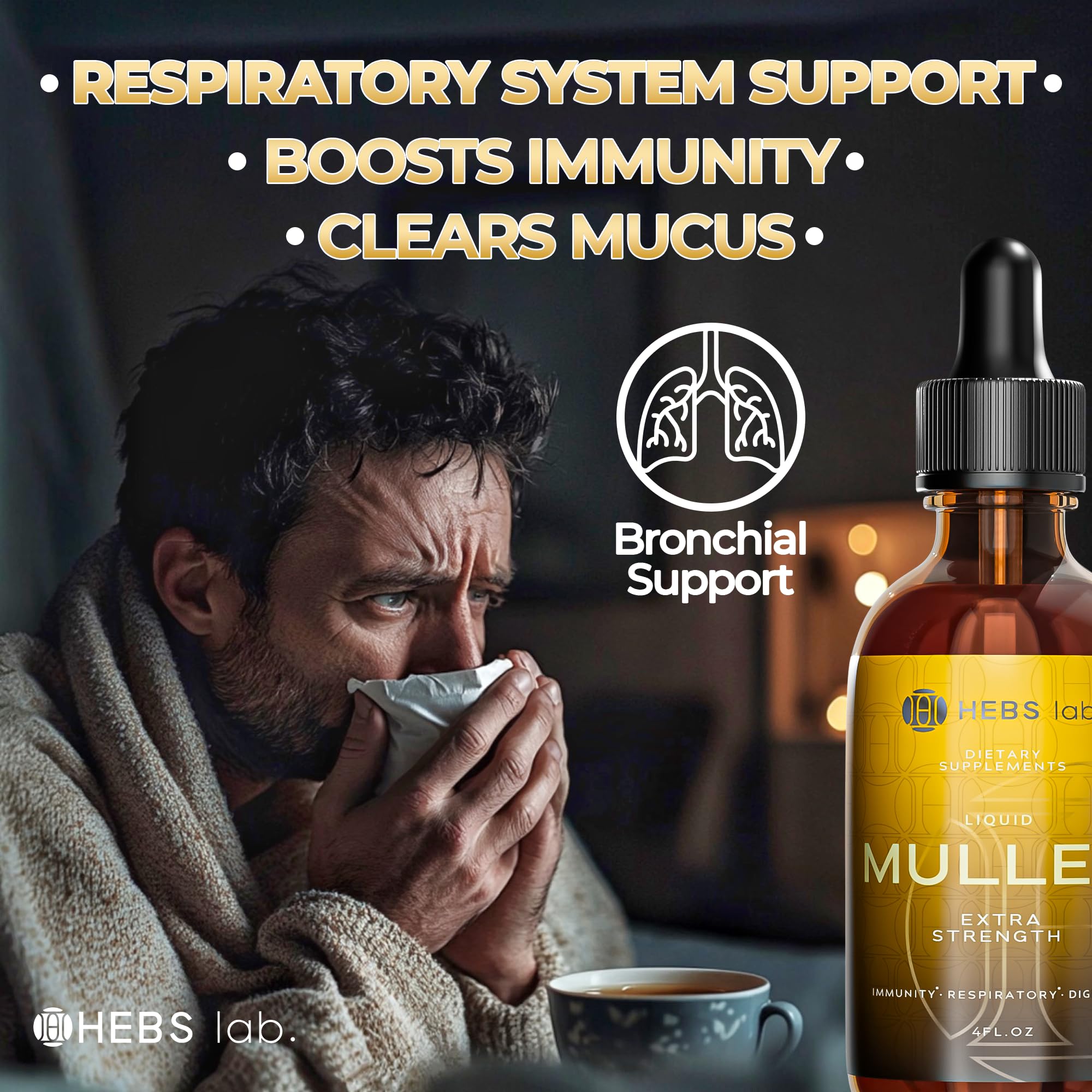 Close-up label on HEBS LAB mullein extract shows USA-made quality