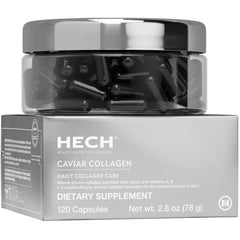 HECH Caviar capsules bottle closeup highlighting marine collagen for skin vitality