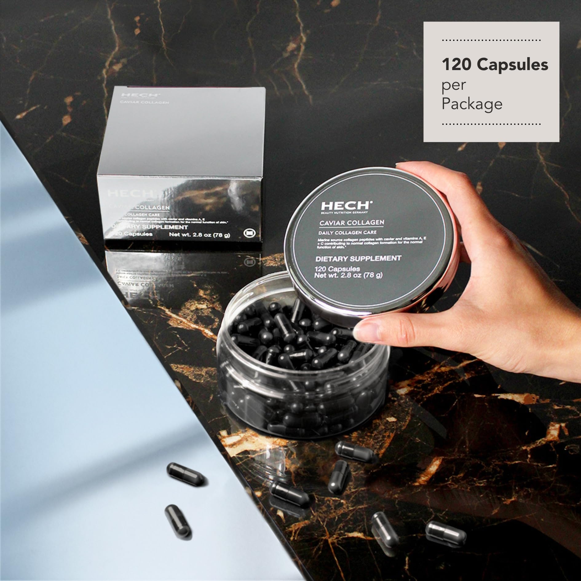 HECH Caviar capsules box on desk implying convenient daily care