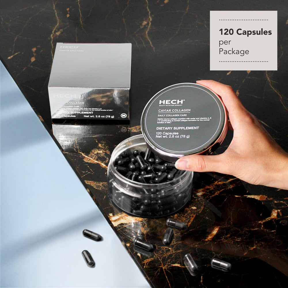 HECH Caviar capsules box on desk implying convenient daily care