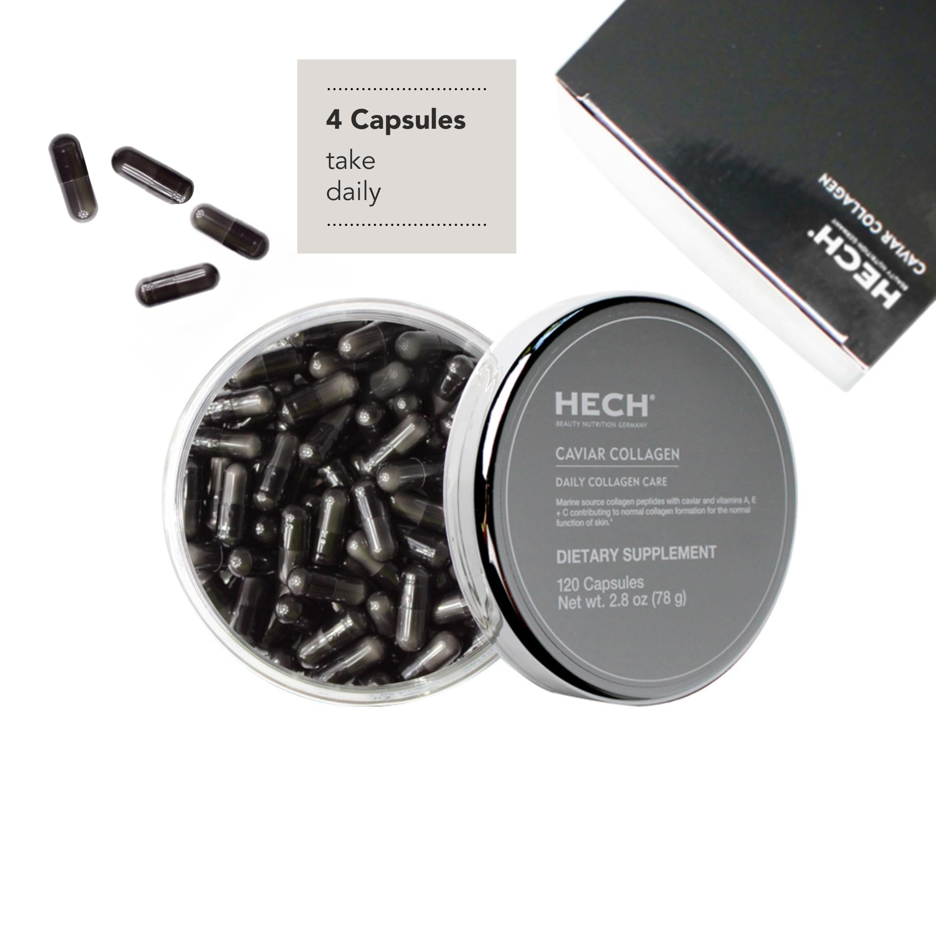 HECH Caviar capsules being poured to show easy daily intake