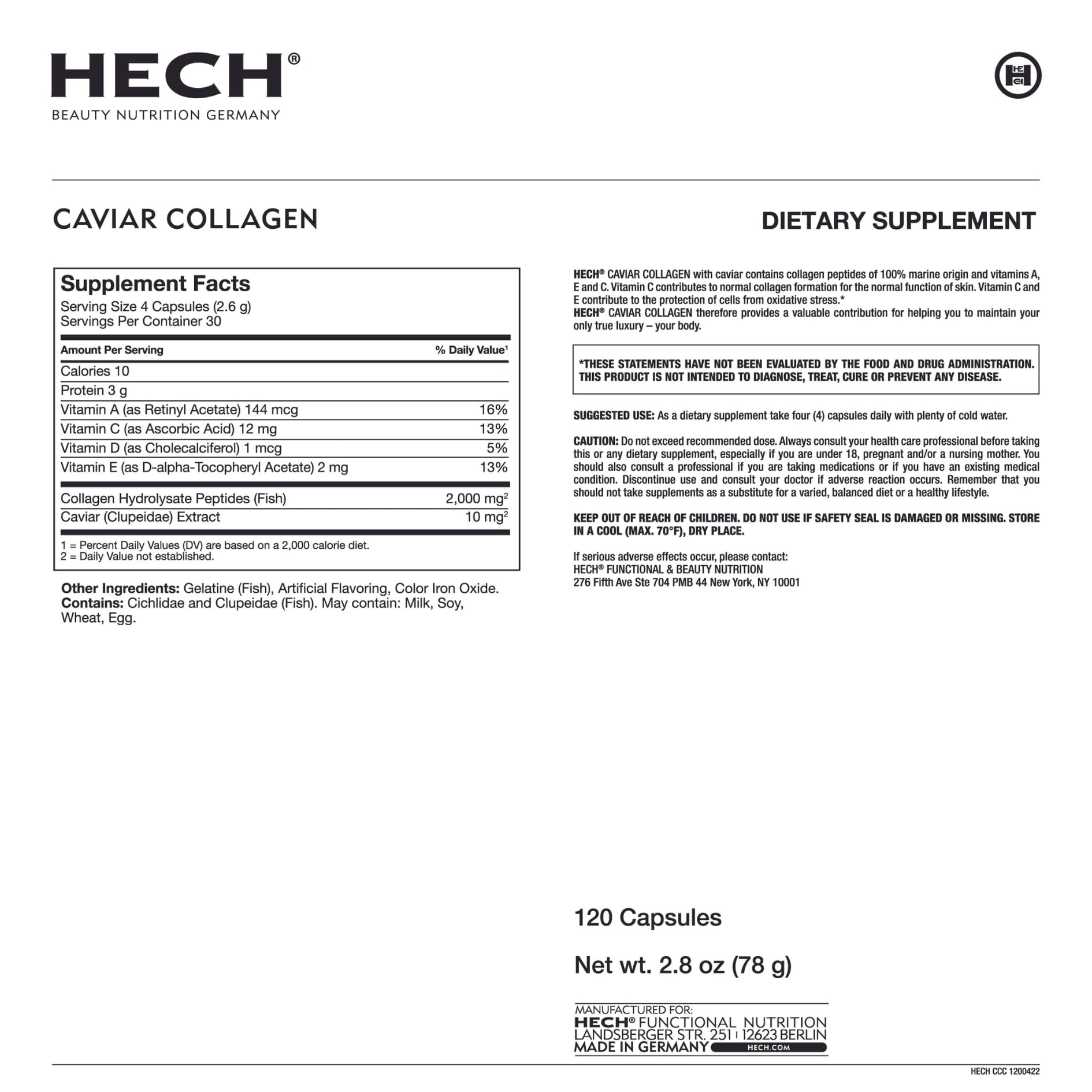 HECH Caviar capsules ingredients scene highlights marine collagen and vitamin blend