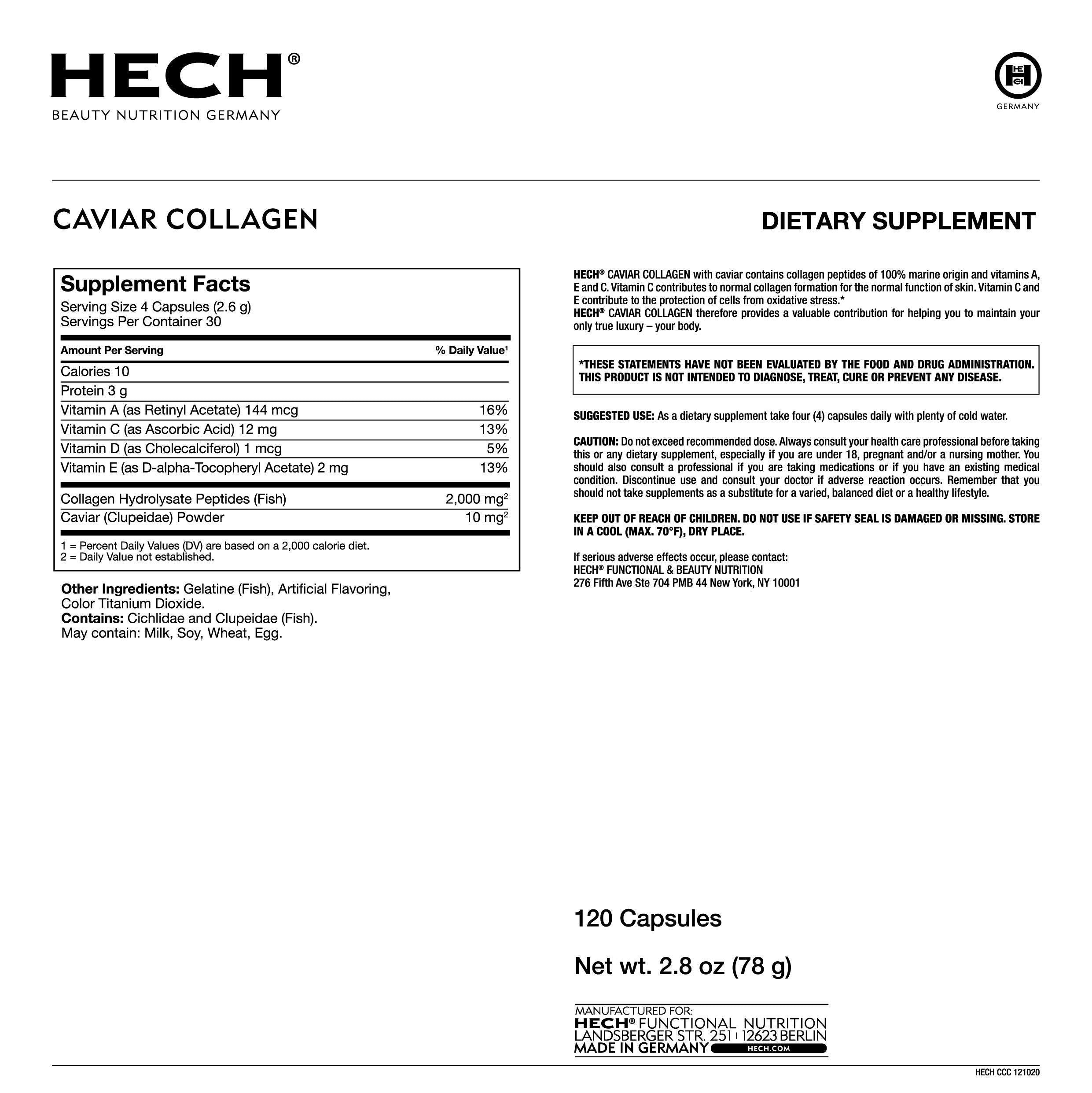 HECH Caviar capsules packaging front showing vitamins and lifestyle suitability
