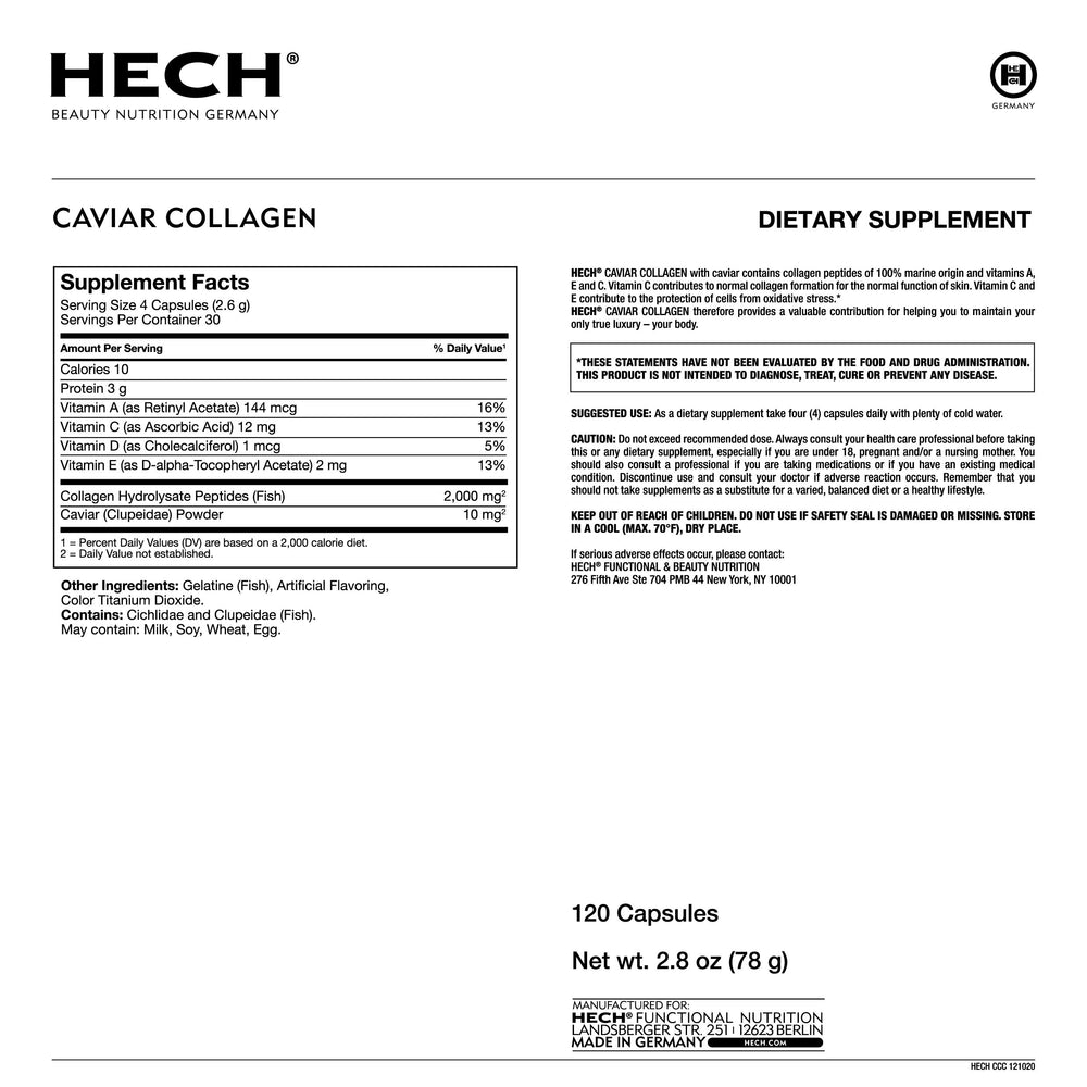 HECH Caviar capsules packaging front showing vitamins and lifestyle suitability