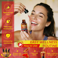 HEERB bottle with dropper close-up highlights easy daily usage and gluten-free formulation.