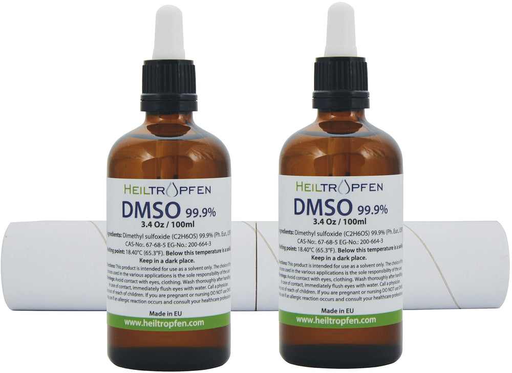 Heiltropfen DMSO glass bottle label shows high purity and clarity