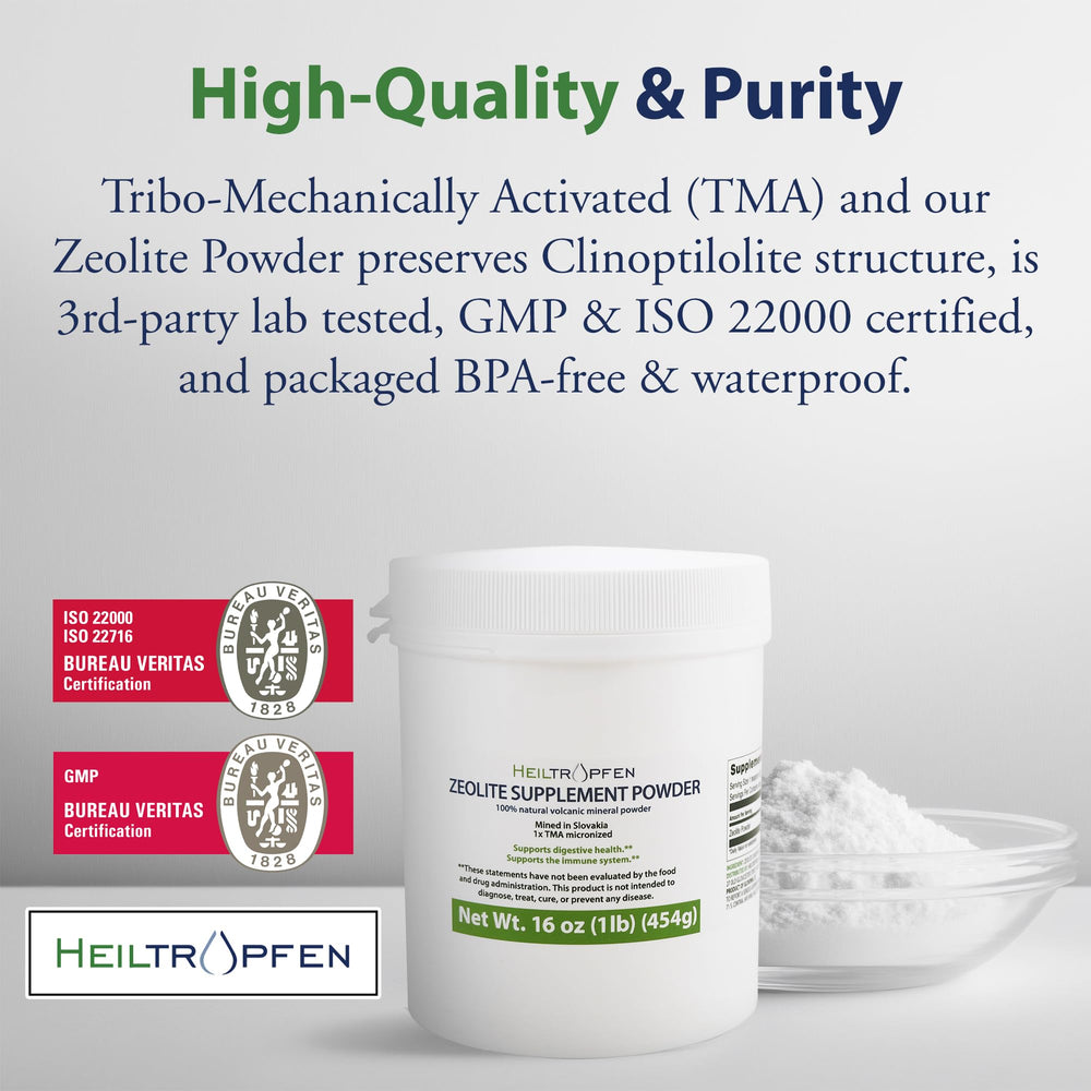 Heiltropfen Zeolite Clinoptilolite content highlighted for purified mineral support.