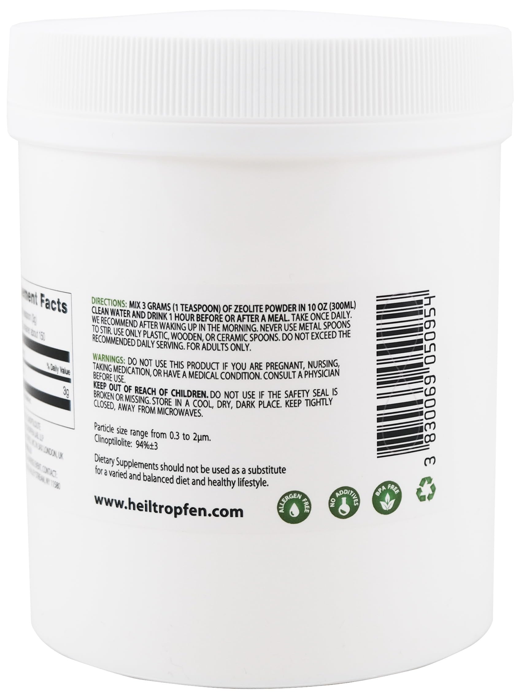 Heiltropfen Zeolite Powder recyclable packaging emphasizing sustainability.