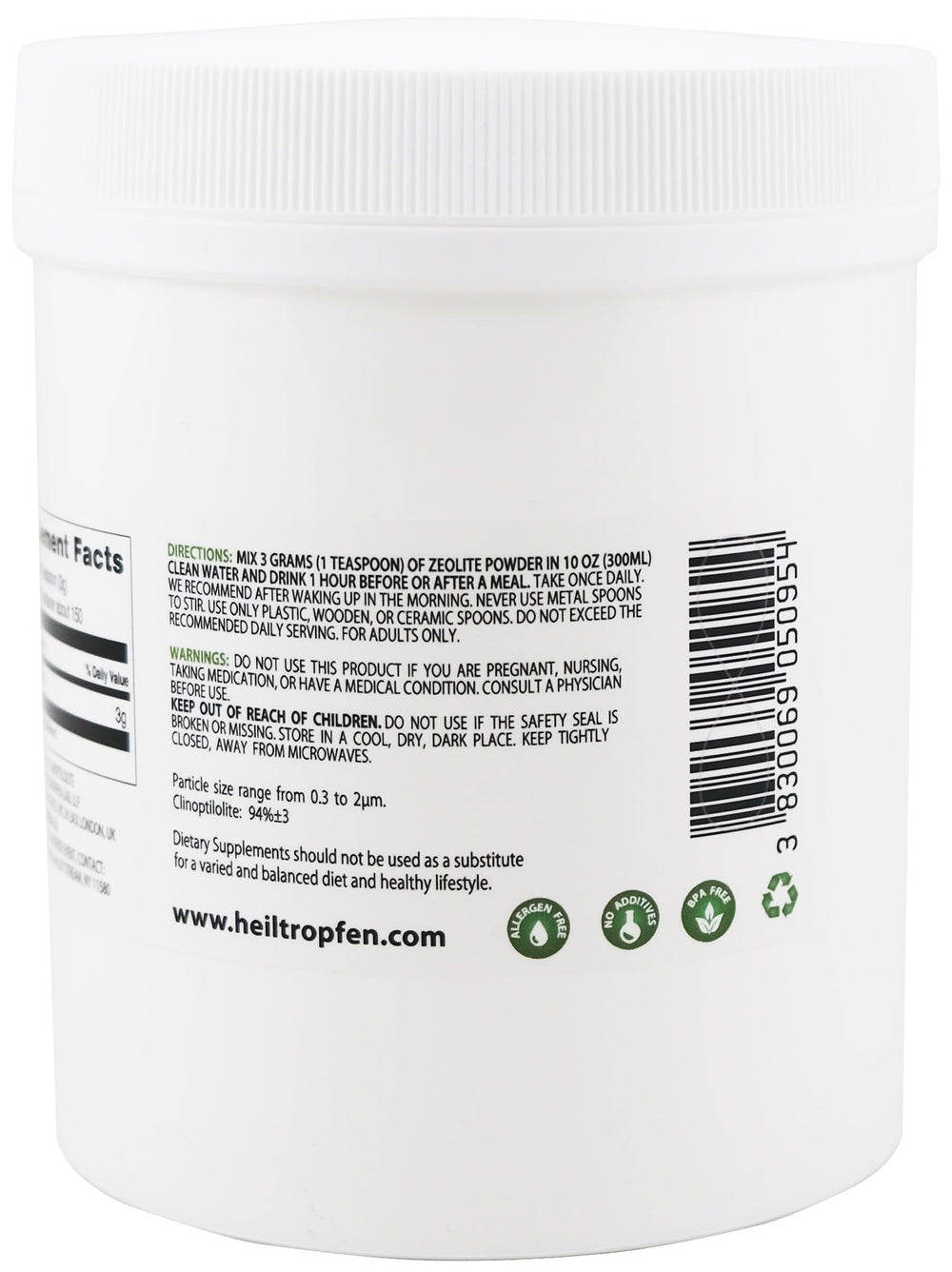 Heiltropfen Zeolite Powder recyclable packaging emphasizing sustainability.
