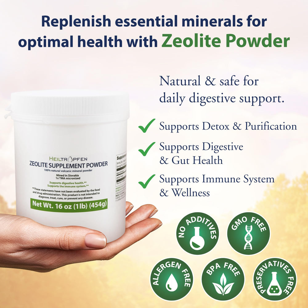 Heiltropfen Zeolite Powder dissolving in water for quick mixing during daily routines.