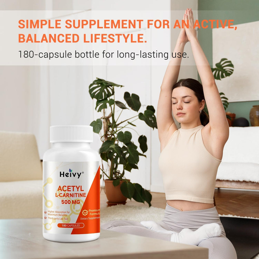 Heivy Acetyl L-Carnitine 500 mg bottle with a glass of water for daily intake.