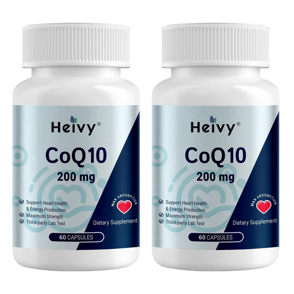Heivy CoQ10 200mg bottle provides daily wellness support and easy supplementation.