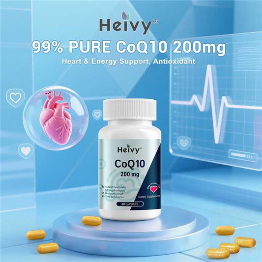 Close-up of Heivy CoQ10 capsules highlights 200mg per serving for bioavailability.
