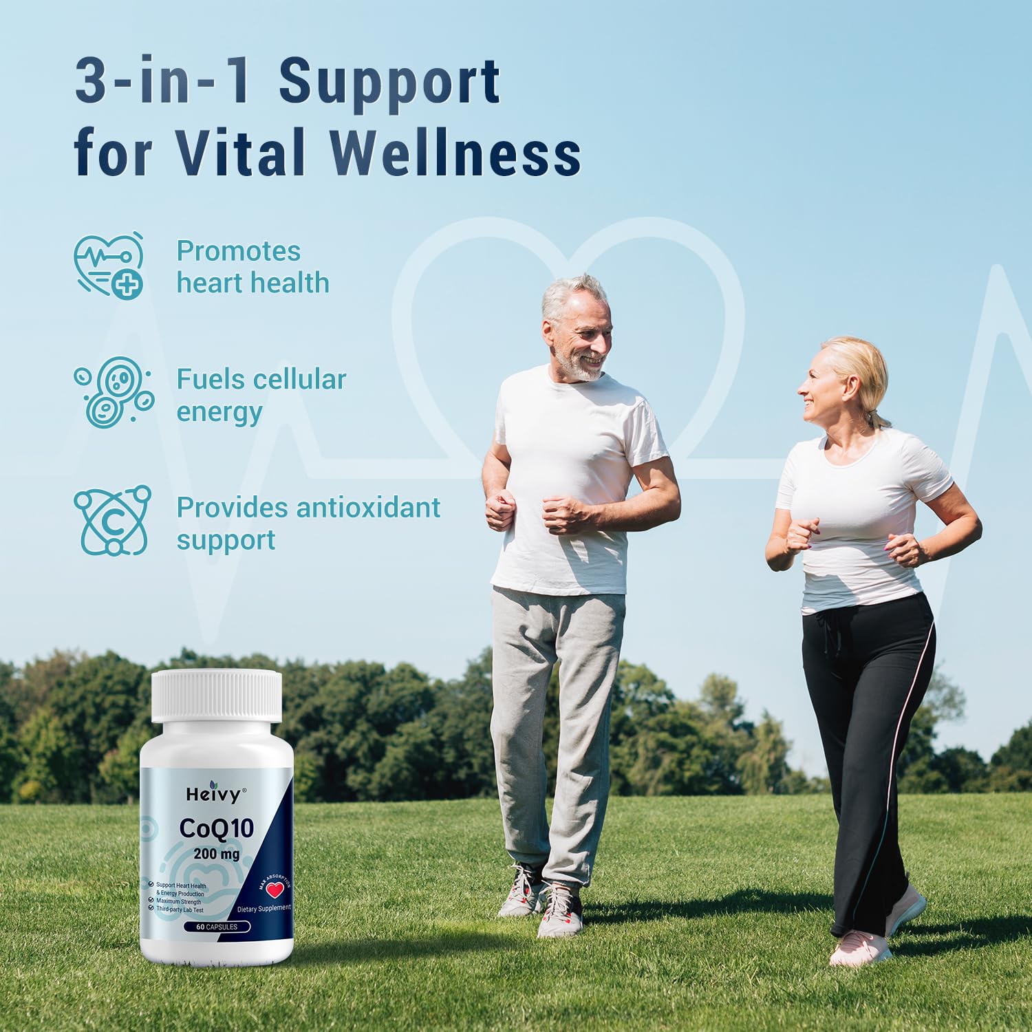 Label detail on Heivy CoQ10 underscores 99% purity and vegan, non-GMO attributes.