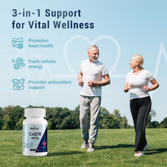 Label detail on Heivy CoQ10 underscores 99% purity and vegan, non-GMO attributes.