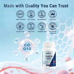 Vegan and gluten-free icons accompany Heivy CoQ10 for clean, allergen-friendly use.