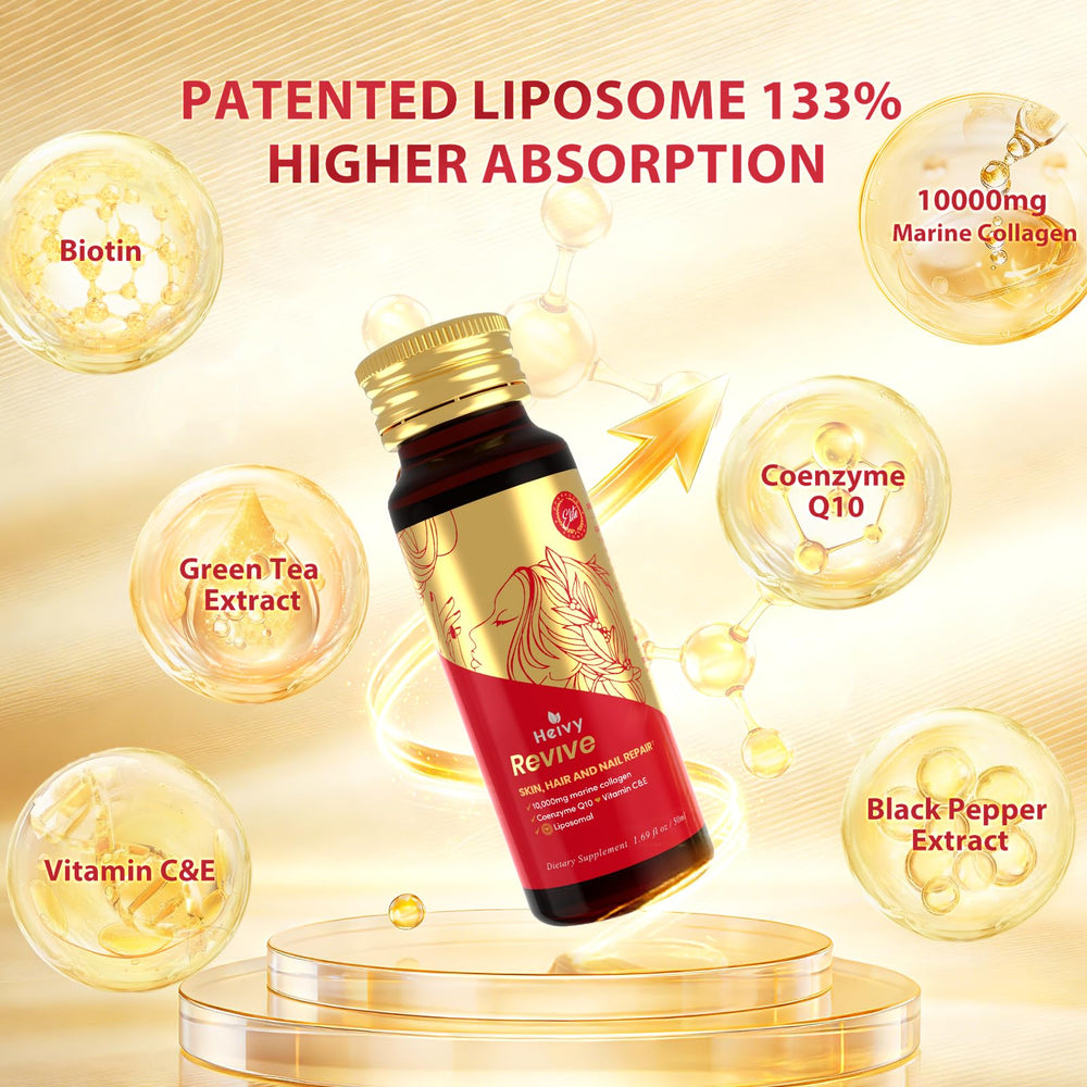 Heivy Liposomal Liquid Collagen label close-up, featuring licensed liposome technology.
