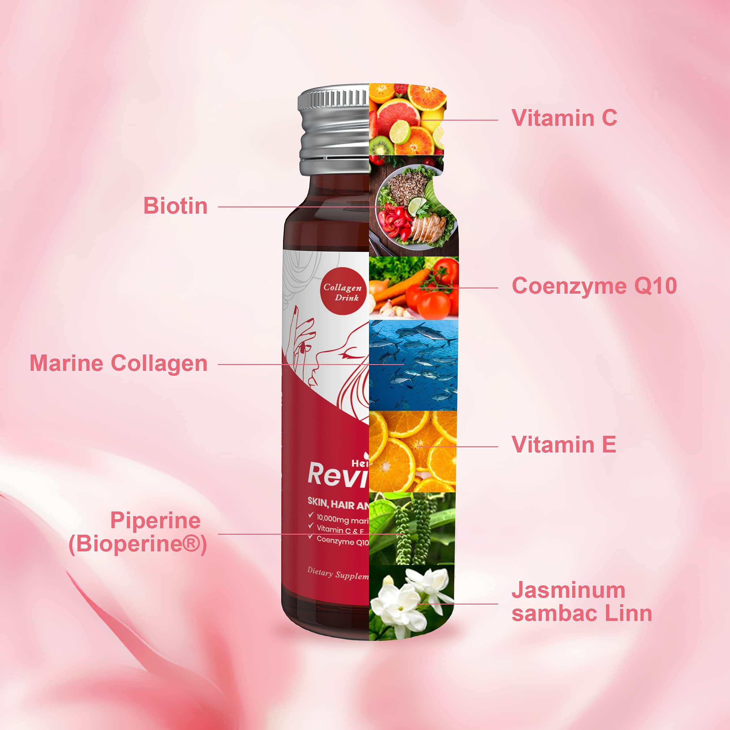 Heivy Liquid Collagen bottle pour demonstrates convenient daily use for skin vitality.