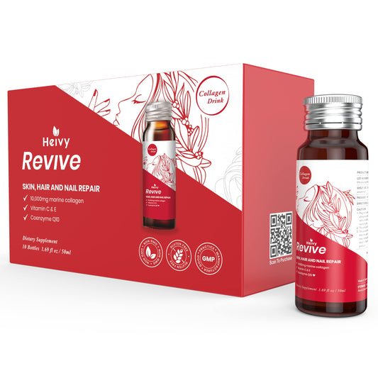 Heivy Liquid Collagen for Women bottle with premium marine collagen promotes healthier hair and nails.