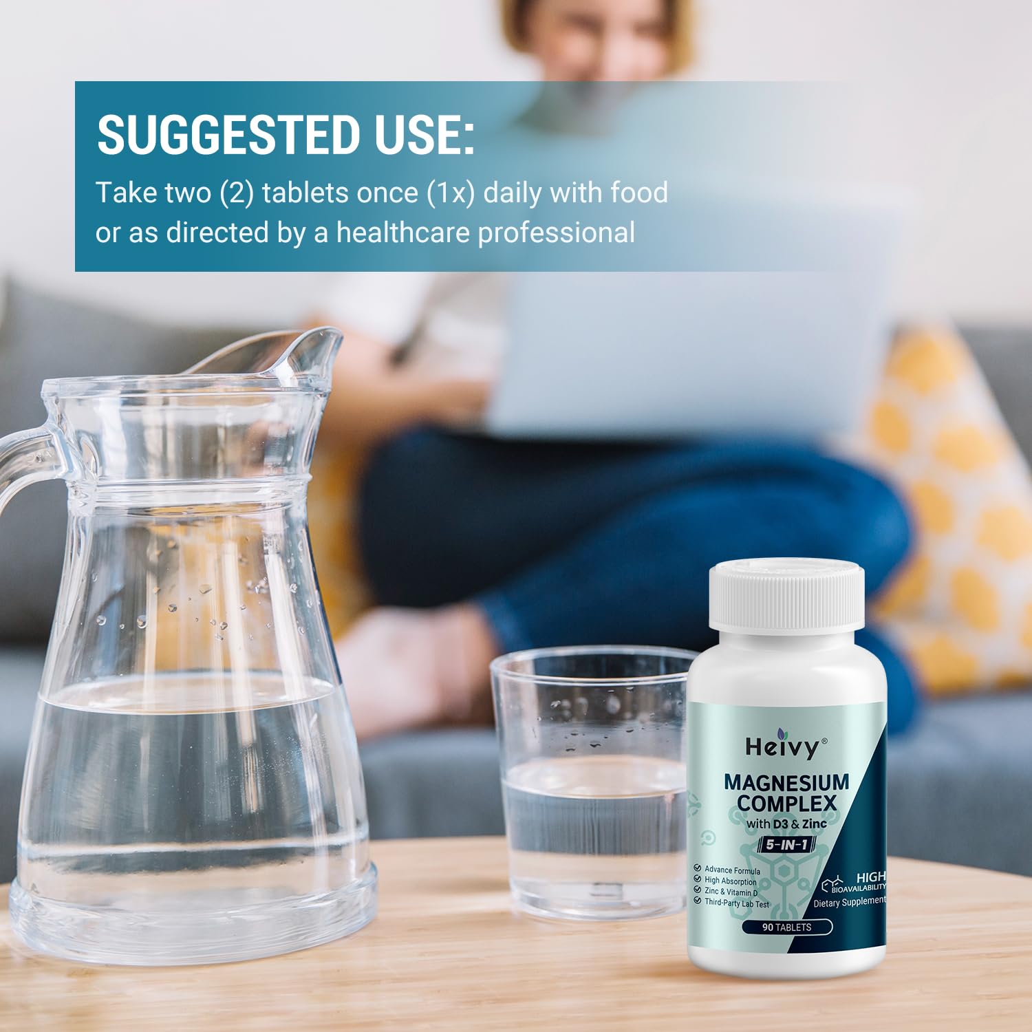 A person takes Heivy Magnesium Complex as part of daily routine.