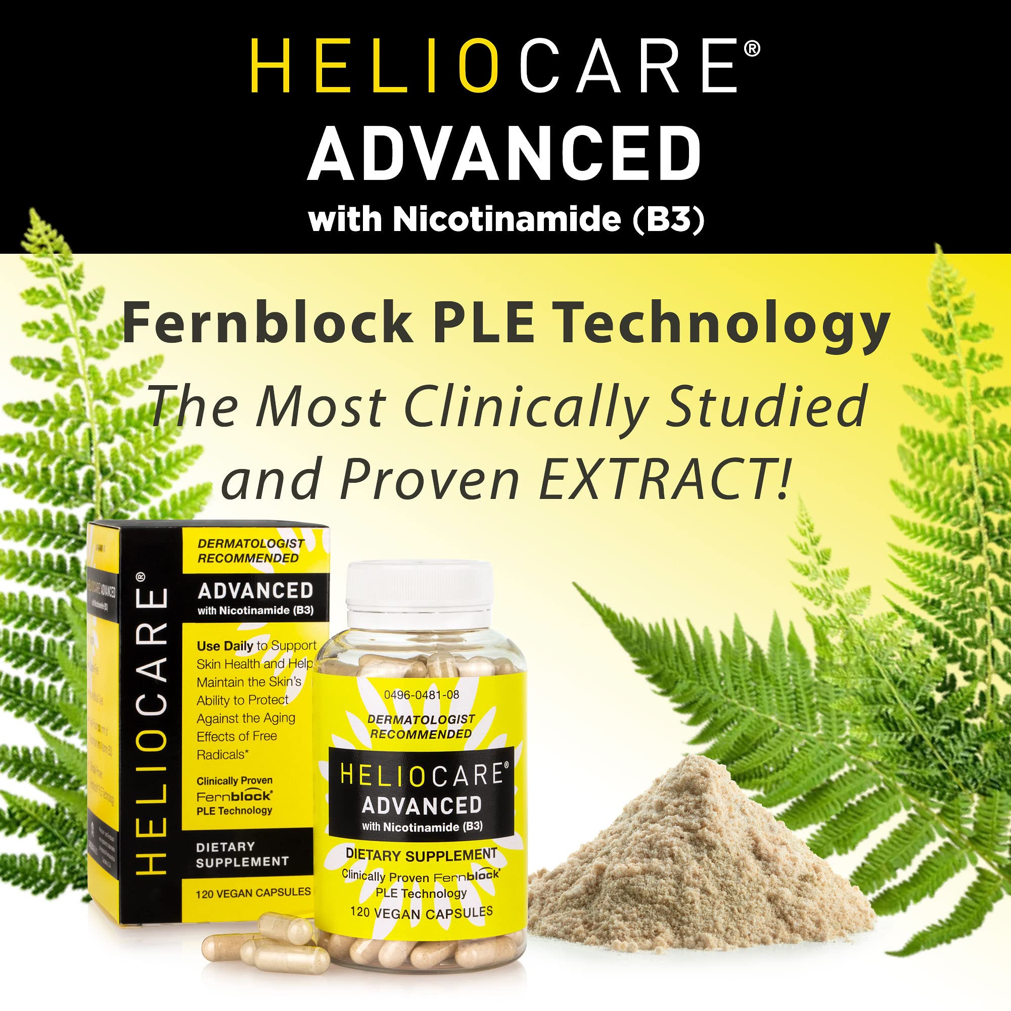 Heliocare Advanced bottle and capsules displayed in a clean setup.
