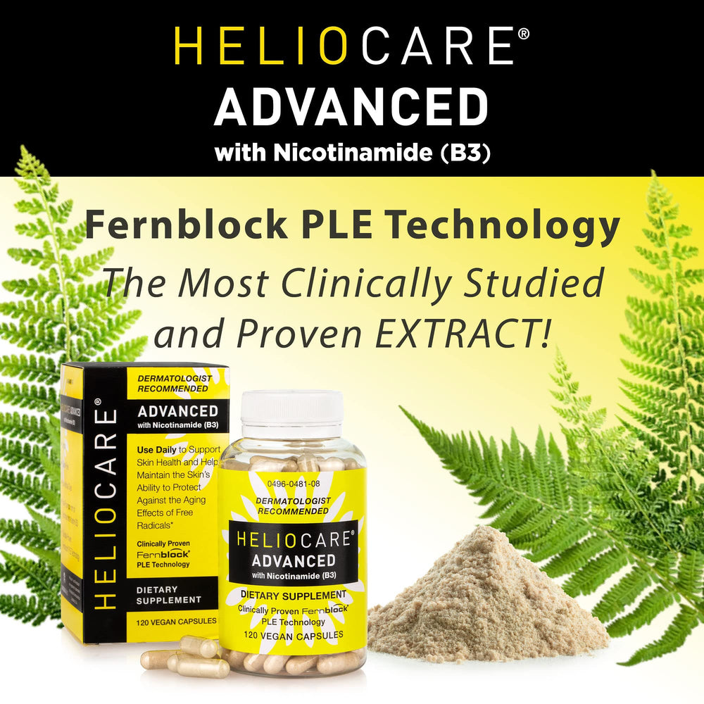 Heliocare Advanced bottle and capsules displayed in a clean setup.