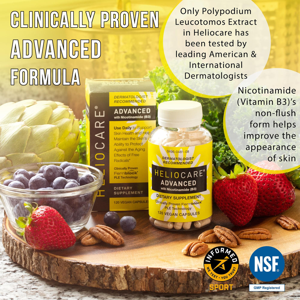 Heliocare Advanced daily-use capsules with niacin 500 mg per serving.