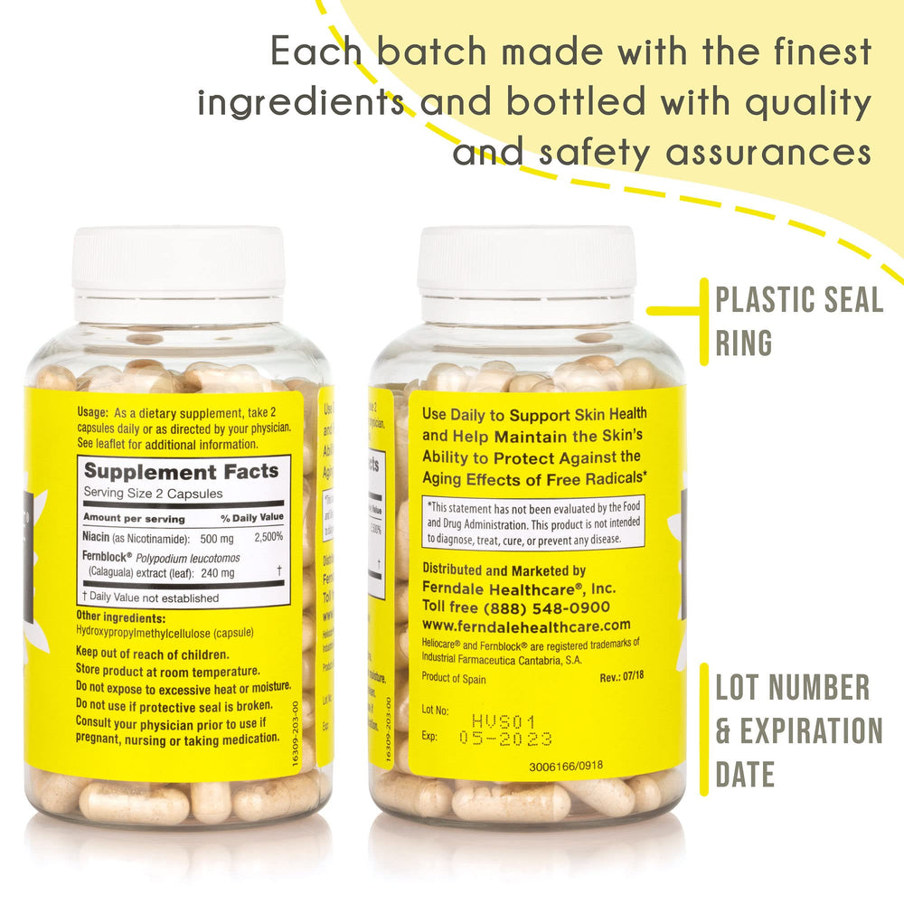 Heliocare Advanced Fernblock PLE extract capsules provide antioxidant support.