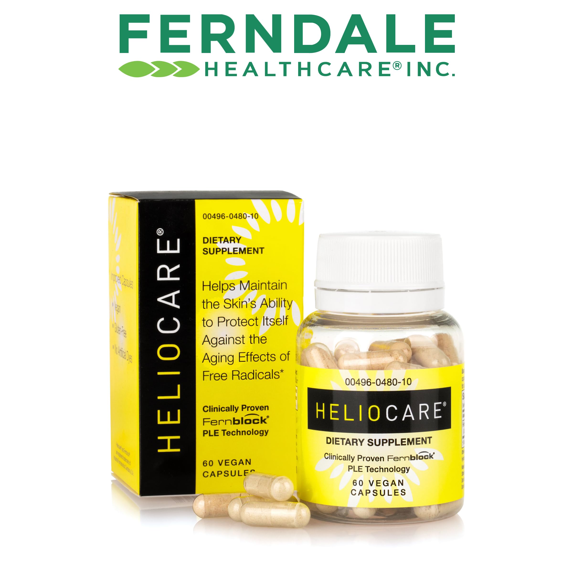 Close-up of Heliocare capsules showing vegan, gluten-free formula.