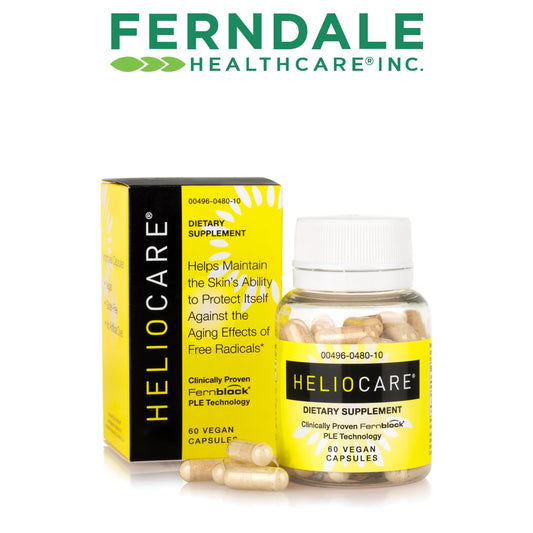 Close-up of Heliocare capsules showing vegan, gluten-free formula.