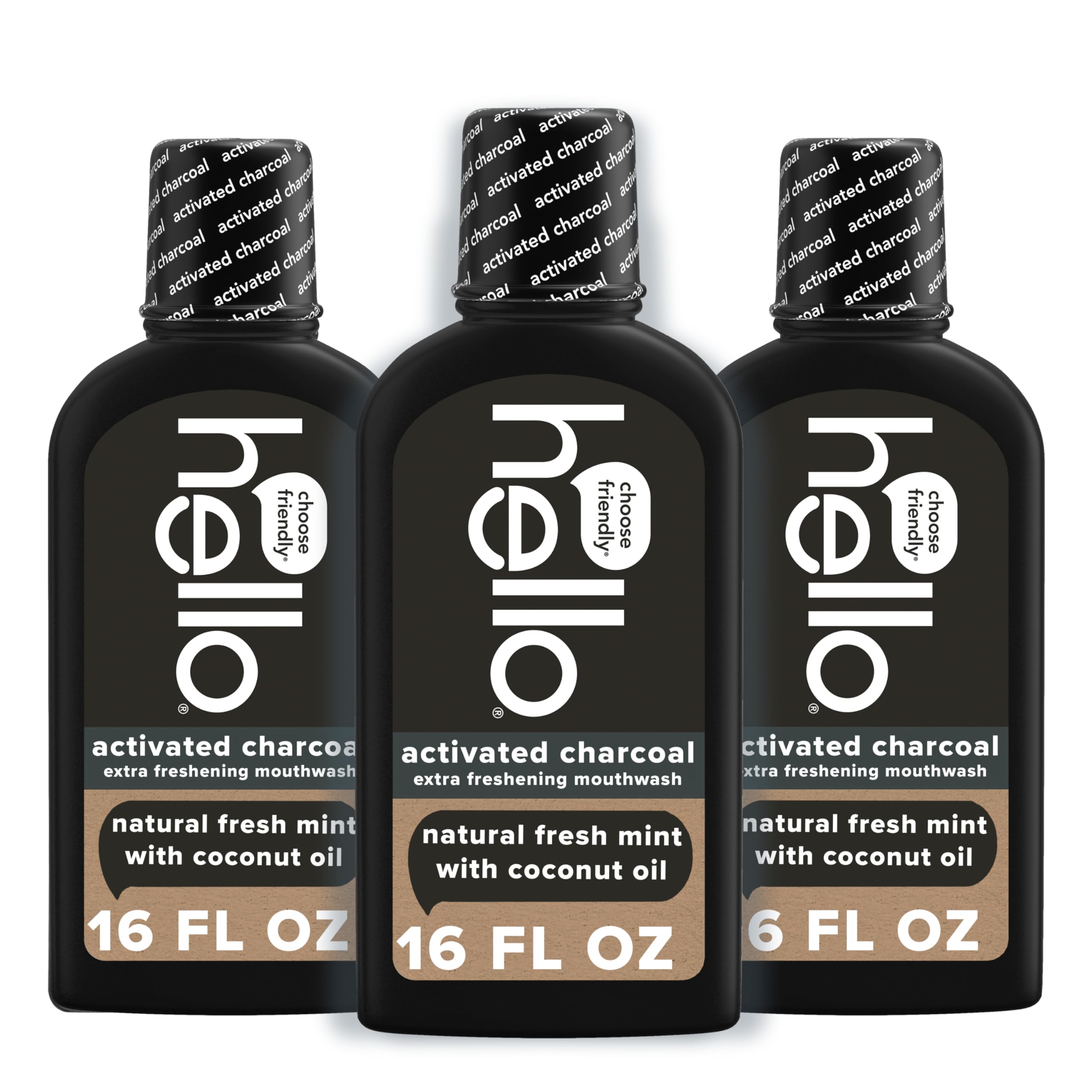 Hello activated charcoal mouthwash bottle boosts fresh breath and clean mouthfeel.