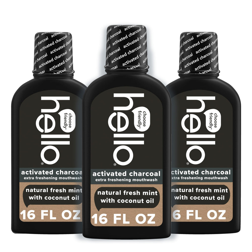 Hello activated charcoal mouthwash bottle boosts fresh breath and clean mouthfeel.